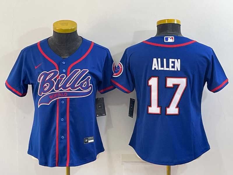 Womens Buffalo Bills #17 Josh Allen Blue With Patch Cool Base Stitched Baseball Jersey